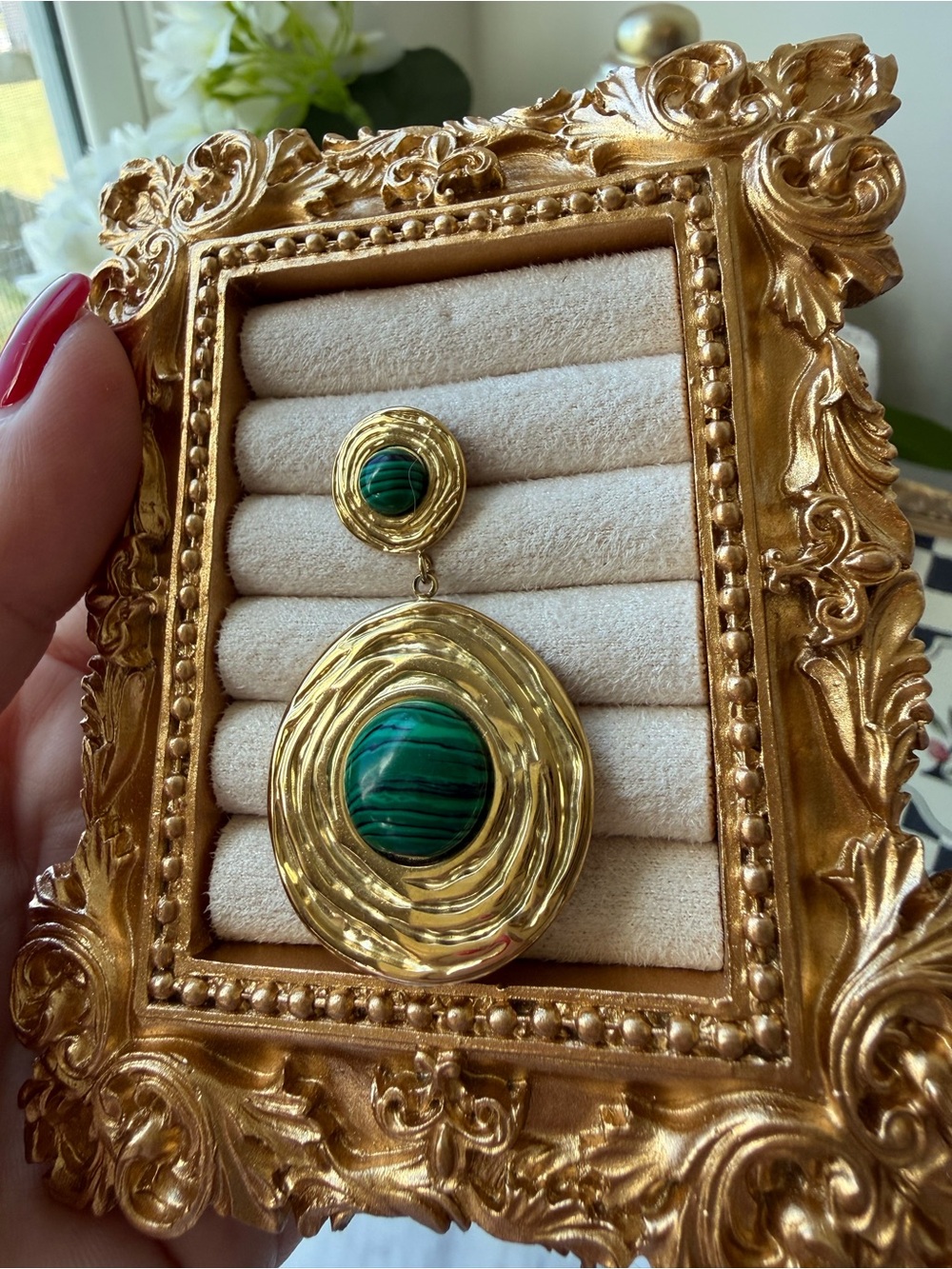 Gold Drop Earrings with Green Stone Accent - Picture 5 of 5